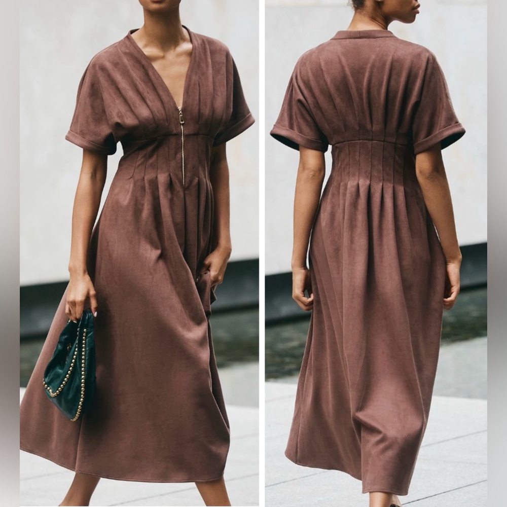 Anthropologie Mauve-Brown Zip-Front Maxi Dress